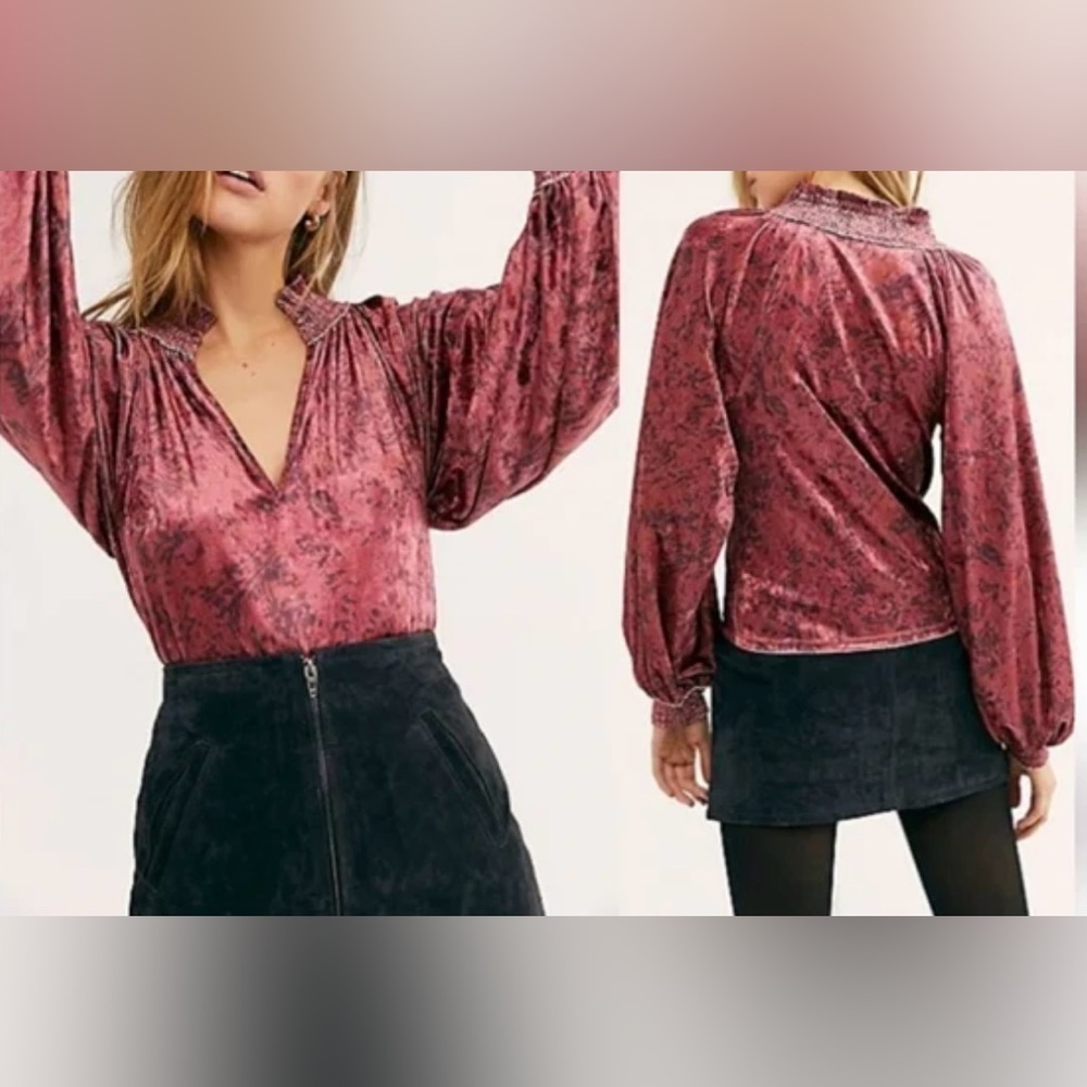 Free People Red Go Get Em Velvet Blouse - Size XS